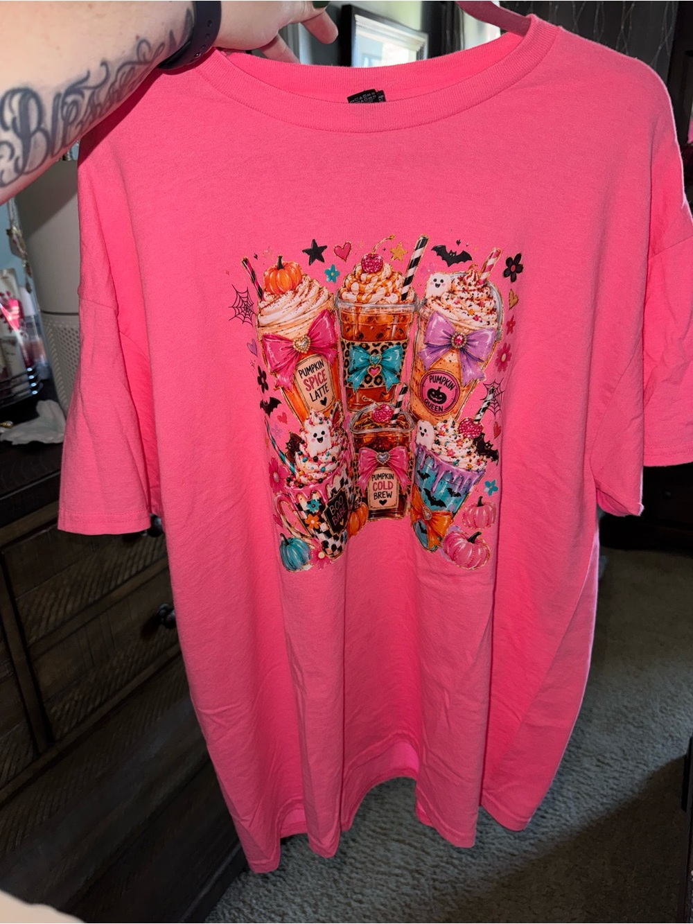 Pink women’s Graphic T-Shirt with Colorful Fall Drinks